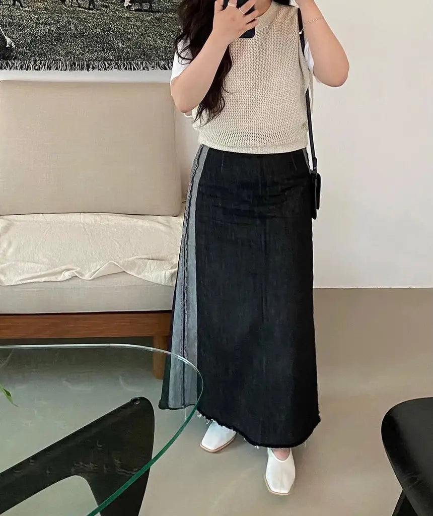 不修邊拼接牛仔 A Line 裙